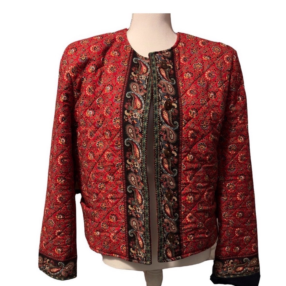 Vintage Quilted Paisley Jacket – Red & Green Boho Print- 100 percent cotton